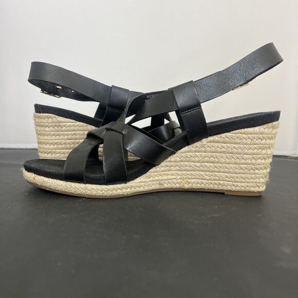 Cole Haan Crystal Womens Size 9.5B Shoes Black Leather Wedge Espadrille Sandals - Picture 5 of 13